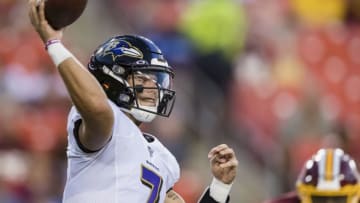 LANDOVER, MD - AUGUST 29: Trace McSorley #7 of the Baltimore Ravens attempts a pass against the Washington Redskins during the first half of a preseason game at FedExField on August 29, 2019 in Landover, Maryland. (Photo by Scott Taetsch/Getty Images)