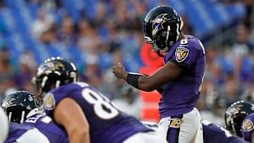 BALTIMORE, MARYLAND - AUGUST 08: Lamar Jackson #8 of the Baltimore Ravens calls a play at the line of scrimmage in the first half against the Jacksonville Jaguars during a preseason game at M&T Bank Stadium on August 08, 2019 in Baltimore, Maryland. (Photo by Todd Olszewski/Getty Images)