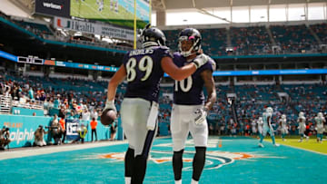 MIAMI, FLORIDA - SEPTEMBER 08: Mark Andrews #89 of the Baltimore Ravens celebrates with Chris Moore #10 after a touchdown reception against the Miami Dolphins during the fourth quarter at Hard Rock Stadium on September 08, 2019 in Miami, Florida. (Photo by Michael Reaves/Getty Images)