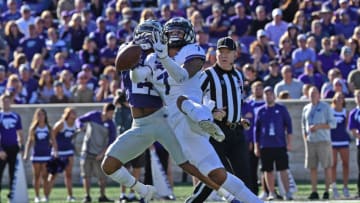 MANHATTAN, KS - OCTOBER 19: Safety Trevon Moehrig #7 of the TCU Horned Frogs brakes up a pass intended for wide receiver Wykeen Gill #21 of the Kansas State Wildcats during the second half at Bill Snyder Family Football Stadium on October 19, 2019 in Manhattan, Kansas. (Photo by Peter G. Aiken/Getty Images)