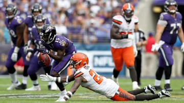 BALTIMORE, MARYLAND - SEPTEMBER 29: Marquise Brown #15 of the Baltimore Ravens drops a pass while being defended by Damarious Randall #23 of the Cleveland Browns at M&T Bank Stadium on September 29, 2019 in Baltimore, Maryland. (Photo by Rob Carr/Getty Images)