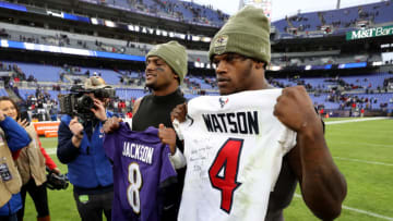 BALTIMORE, MARYLAND - NOVEMBER 17: Quarterbacks Lamar Jackson #8 of the Baltimore Ravens and Deshaun Watson #4 of the Houston Texans exchange jerseys following the Ravens win at M&T Bank Stadium on November 17, 2019 in Baltimore, Maryland. (Photo by Rob Carr/Getty Images)