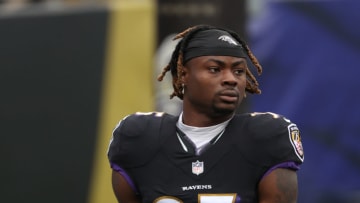 BALTIMORE, MARYLAND - NOVEMBER 22: Running back Gus Edwards #35 of the Baltimore Ravens looks on before playing against the Tennessee Titans at M&T Bank Stadium on November 22, 2020 in Baltimore, Maryland. (Photo by Patrick Smith/Getty Images)