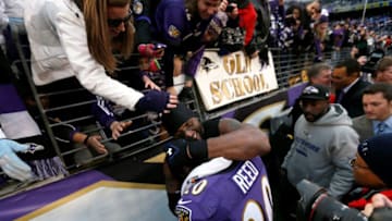 BALTIMORE, MD - JANUARY 06: (L-R) Ray Lewis #52 and Ed Reed #20 of the Baltimore Ravens celebrate after they won 24-9 against the Indianapolis Colts during the AFC Wild Card Playoff Game at M&T Bank Stadium on January 6, 2013 in Baltimore, Maryland. (Photo by Rob Carr/Getty Images)
