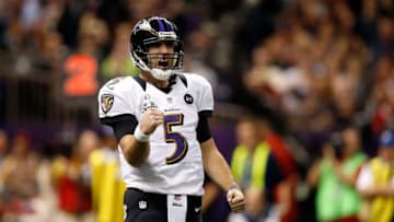 NEW ORLEANS, LA - FEBRUARY 03: Joe Flacco #5 of the Baltimore Ravens reacts against the San Francisco 49ers during Super Bowl XLVII at the Mercedes-Benz Superdome on February 3, 2013 in New Orleans, Louisiana. The Ravens won 34-31. (Photo by Chris Graythen/Getty Images)
