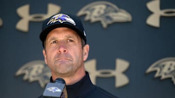 OWINGS MILLS, MD - MAY 05: Head coach John Harbaugh of the Baltimore Ravens speaks to members of the media after a practice during the Baltimore Ravens rookie camp on May 5, 2013 in Owings Mills, Maryland. (Photo by Patrick McDermott/Getty Images)