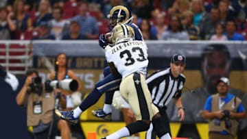ST. LOUIS, MO - AUGUST 8: Stedman Bailey #12 of the St. Louis Rams makes a touchdown catch against Stan Jean-Baptiste #33 of the New Orleans Saints during the first half of a pre-season game at the Edward Jones Dome on August 8, 2013 in St. Louis, Missouri. (Photo by Dilip Vishwanat/Getty Images)