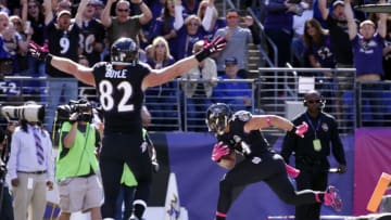 BALTIMORE, MD - OCTOBER 11: Fullback Kyle Juszczyk #44 of the Baltimore Ravens scores a first quarter touchdown while tight end Nick Boyle #82 of the Baltimore Ravens celebrates during a game against the Cleveland Browns at M&T Bank Stadium on October 11, 2015 in Baltimore, Maryland. (Photo by Rob Carr/Getty Images)