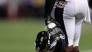 BALTIMORE, MD - SEPTEMBER 11: A Baltimore Ravens player holds their helmet on the sideline during the second half of the Buffalo Bills vs. the Baltimore Ravens game at M&T Bank Stadium on September 11, 2016 in Baltimore, Maryland. (Photo by Patrick Smith/Getty Images)