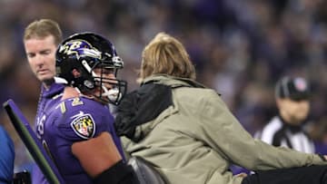 BALTIMORE, MD - NOVEMBER 10: Offensive guard Alex Lewis #72 of the Baltimore Ravens is carted off of the field after being injured against the Cleveland Browns in the third quarter at M&T Bank Stadium on November 10, 2016 in Baltimore, Maryland. (Photo by Rob Carr/Getty Images)