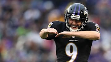 BALTIMORE, MD - DECEMBER 18: Kicker Justin Tucker #9 of the Baltimore Ravens celebrates after kicking a second quarter field goal against the Philadelphia Eagles at M&T Bank Stadium on December 18, 2016 in Baltimore, Maryland. (Photo by Patrick Smith/Getty Images)