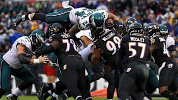BALTIMORE, MD - DECEMBER 18: Running back Ryan Mathews #24 of the Philadelphia Eagles scores a two point conversion over top of defensive tackle Michael Pierce #78 and nose tackle Brandon Williams #98 of the Baltimore Ravens in the second quarter at M&T Bank Stadium on December 18, 2016 in Baltimore, Maryland. (Photo by Patrick Smith/Getty Images)