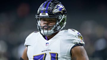 NEW ORLEANS, LA - AUGUST 31: Jermaine Eluemunor #71 of the Baltimore Ravens warming up before a preseason game against the New Orleans Saints at Mercedes-Benz Superdome on August 31, 2017 in New Orleans, Louisiana. The Ravens defeated the Saints 14-13. (Photo by Wesley Hitt/Getty Images)