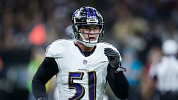 NEW ORLEANS, LA - AUGUST 31: Kamalei Correa #51 of the Baltimore Ravens jogs off the field during a preseason game against the New Orleans Saints at Mercedes-Benz Superdome on August 31, 2017 in New Orleans, Louisiana. The Ravens defeated the Saints 14-13. (Photo by Wesley Hitt/Getty Images)