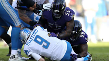 BALTIMORE, MD - DECEMBER 3: Quarterback Matthew Stafford #9 of the Detroit Lions is sacked by outside linebacker Matt Judon #99 and outside linebacker Terrell Suggs #55 of the Baltimore Ravens in the second quarter at M&T Bank Stadium on December 3, 2017 in Baltimore, Maryland. (Photo by Patrick Smith/Getty Images)