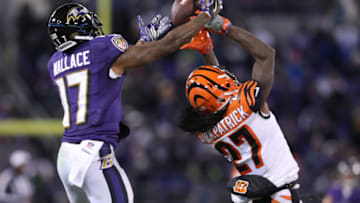 BALTIMORE, MD - DECEMBER 31: Cornerback Dre Kirkpatrick #27 of the Cincinnati Bengals breaks up a pass for wide receiver Mike Wallace #17 of the Baltimore Ravens in the second quarter at M&T Bank Stadium on December 31, 2017 in Baltimore, Maryland. (Photo by Patrick Smith/Getty Images)