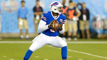CANTON, OH - AUGUST 3: Quarterback Thad Lewis #9 of the Buffalo Bills drops back for a pass during the third quarter against the New York Giants at the 2014 NFL Hall of Fame Game at Fawcett Stadium on August 3, 2014 in Canton, Ohio. (Photo by Jason Miller/Getty Images)