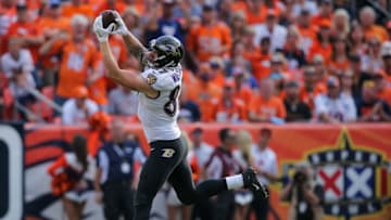 DENVER, CO - SEPTEMBER 13: Tight end Maxx Williams #87 of the Baltimore Ravens makes a catch in the fourth quarter of a game against the Denver Broncos at Sports Authority Field at Mile High on September 13, 2015 in Denver, Colorado. (Photo by Doug Pensinger/Getty Images)