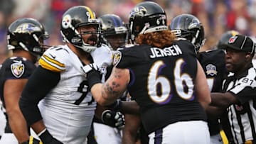BALTIMORE, MD - DECEMBER 27: Cameron Heyward #97 of the Pittsburgh Steelers and Ryan Jensen #66 of the Baltimore Ravens shove one another after a play during the second quarter at M&T Bank Stadium on December 27, 2015 in Baltimore, Maryland. (Photo by Patrick Smith/Getty Images)