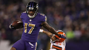 BALTIMORE, MD - NOVEMBER 10: Wide receiver Mike Wallace #17 of the Baltimore Ravens carries the ball past cornerback Joe Haden #23 of the Cleveland Browns in the third quarter at M&T Bank Stadium on November 10, 2016 in Baltimore, Maryland. (Photo by Patrick Smith/Getty Images)