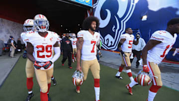 LOS ANGELES, CA - DECEMBER 24: Colin Kaepernick LOS ANGELES, CA - DECEMBER 24: Colin Kaepernick #7 of the San Francisco 49ers walks to the field before the game against the Los Angeles Rams at Los Angeles Memorial Coliseum on December 24, 2016 in Los Angeles, California. (Photo by Sean M. Haffey/Getty Images)