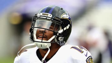 ALTIMORE, MD - AUGUST 10: Wide receiver Keenan Reynolds #14 of the Baltimore Ravens warms up before the start of a preseason game against the Washington Redskins at M&T Bank Stadium on August 10, 2017 in Baltimore, Maryland. (Photo by Rob Carr/Getty Images)