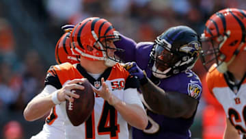 CINCINNATI, OH - SEPTEMBER 10: Terrell Suggs #55 of the Baltimore Ravens sacks Andy Dalton #14 of the Cincinnati Bengals during the fourth quarter at Paul Brown Stadium on September 10, 2017 in Cincinnati, Ohio. (Photo by Michael Reaves/Getty Images)