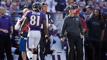 BALTIMORE, MD - NOVEMBER 11: Head coach John Harbaugh of the Baltimore Ravens talks to wide receiver Anquan Boldin #81 after Boldin caught a first down pass against the Oakland Raiders at M&T Bank Stadium on November 11, 2012 in Baltimore, Maryland. (Photo by Rob Carr/Getty Images)
