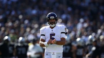 OAKLAND, CA - OCTOBER 08: Joe Flacco #5 of the Baltimore Ravens looks on during their NFL game against the Oakland Raiders at Oakland-Alameda County Coliseum on October 8, 2017 in Oakland, California. (Photo by Ezra Shaw/Getty Images)