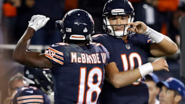 CHICAGO, IL - OCTOBER 09: Quarterback Mitchell Trubisky #10 and Tre McBride #18 of the Chicago Bears celebrate after scoring a touchdown against the Minnesota Vikings in the fourth quarter at Soldier Field on October 9, 2017 in Chicago, Illinois. The Minnesota Vikings defeated the Chicago Bears 20-17. (Photo by Joe Robbins/Getty Images)