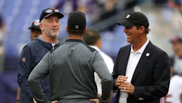 BALTIMORE, MD - OCTOBER 15: Head Coach John Fox of the Chicago Bears talks with Head Coach John Harbaugh and owner Steve Bisciotti of the Baltimore Ravens at M&T Bank Stadium on October 15, 2017 in Baltimore, Maryland. (Photo by Rob Carr/Getty Images)
