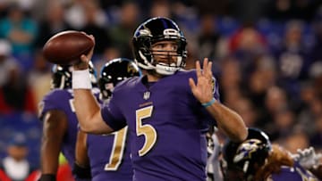 BALTIMORE, MD - OCTOBER 26: Quarterback Joe Flacco #5 of the Baltimore Ravens throws the ball in the first quarter against the Miami Dolphins at M&T Bank Stadium on October 26, 2017 in Baltimore, Maryland. (Photo by Todd Olszewski/Getty Images)
