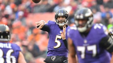 CLEVELAND, OH - DECEMBER 17: Joe Flacco #5 of the Baltimore Ravens throws a pass in the first quarter against the Cleveland Browns at FirstEnergy Stadium on December 17, 2017 in Cleveland, Ohio. (Photo by Jason Miller/Getty Images)