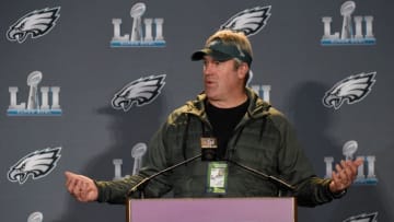 BLOOMINGTON, MN - FEBRUARY 01: Head coach Doug Pederson of the Philadelphia Eagles speaks to the media during Super Bowl LII media availability on February 1, 2018 at Mall of America in Bloomington, Minnesota. The Philadelphia Eagles will face the New England Patriots in Super Bowl LII on February 4th. (Photo by Hannah Foslien/Getty Images)