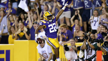 BATON ROUGE, LA - SEPTEMBER 22: Clyde Edwards-Helaire #22 of the LSU Tigers celebrates a touchdown during the first half against the Louisiana Tech Bulldogs at Tiger Stadium on September 22, 2018 in Baton Rouge, Louisiana. (Photo by Jonathan Bachman/Getty Images)