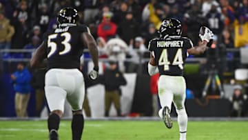 BALTIMORE, MARYLAND - NOVEMBER 03: Cornerback Marlon Humphrey #44 of the Baltimore Ravens scores a 70 yard turnover touchdown after wide receiver Julian Edelman #11 of the New England Patriots (not pictured) fumbled during the third quarter at M&T Bank Stadium on November 3, 2019 in Baltimore, Maryland. (Photo by Will Newton/Getty Images)