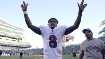 CINCINNATI, OHIO - NOVEMBER 10: Lamar Jackson #8 of the Baltimore Ravens waves at the crowd after the NFL football game against the Cincinnati Bengals at Paul Brown Stadium on November 10, 2019 in Cincinnati, Ohio. (Photo by Bryan Woolston/Getty Images)