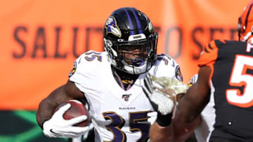 CINCINNATI, OH - NOVEMBER 10: Gus Edwards #35 of the Baltimore Ravens runs with the ball during the game against the Cincinnati Bengals at Paul Brown Stadium on November 10, 2019 in Cincinnati, Ohio. The Ravens defeated the Bengals 49-13. (Photo by Rob Leiter/Getty Images)