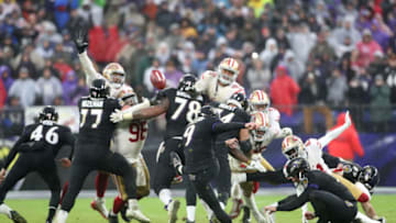 BALTIMORE, MARYLAND - DECEMBER 01: Kicker Justin Tucker #9 of the Baltimore Ravens kicks the game winning field goal against the San Francisco 49ers at M&T Bank Stadium on December 01, 2019 in Baltimore, Maryland. (Photo by Rob Carr/Getty Images)