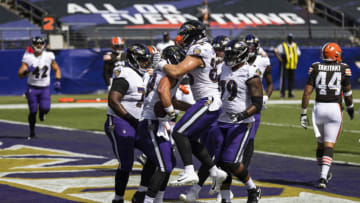 BALTIMORE, MD - SEPTEMBER 13: Mark Andrews #89 of the Baltimore Ravens celebrates with teammates after catching a pass for a touchdown against the Cleveland Browns during the first half at M&T Bank Stadium on September 13, 2020 in Baltimore, Maryland. (Photo by Scott Taetsch/Getty Images)