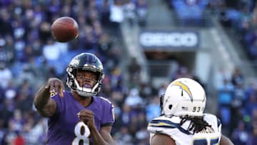 BALTIMORE, MARYLAND - JANUARY 06: Quarterback Lamar Jackson #8 of the Baltimore Ravens in action against the Los Angeles Chargers during the AFC Wild Card Playoff game at M&T Bank Stadium on January 06, 2019 in Baltimore, Maryland. (Photo by Patrick Smith/Getty Images)