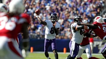 BALTIMORE, MARYLAND - SEPTEMBER 15: Quarterback Lamar Jackson #8 of the Baltimore Ravens throws the ball against the Arizona Cardinals during the second half at M&T Bank Stadium on September 15, 2019 in Baltimore, Maryland. (Photo by Todd Olszewski/Getty Images)