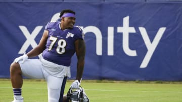 Aug 17, 2020; Owings Mills, Maryland, USA; Baltimore Ravens offensive tackle Orlando Brown Jr. (78) during training camp at Under Armour Performance Center. Mandatory Credit: Tommy Gilligan-USA TODAY Sports