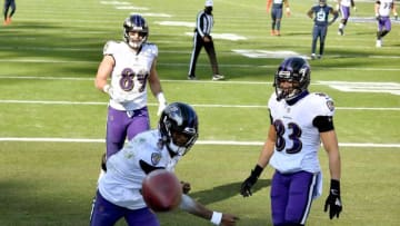 Baltimore Ravens quarterback Lamar Jackson (8) celebrates a touchdown during the Tennessee Titans game against the Baltimore Ravens in Nashville on January 10, 2021.Titans Ravens 108