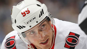 TORONTO, ON - OCTOBER 6: Matt Duchene #95 of the Ottawa Senators gets set for a faceoff against the Toronto Maple Leafs during an NHL game at Scotiabank Arena on October 6, 2018 in Toronto, Ontario, Canada. The Senators defeated the Maple Leafs 5-3.(Photo by Claus Andersen/Getty Images)