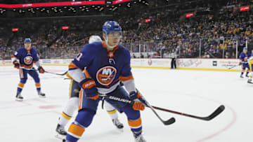 NEW YORK, NY - OCTOBER 06: Luca Sbisa #21 of the New York Islanders skates against the Nashville Predators at the Barclays Center on October 06, 2018 in the Brooklyn borough of New York City. The Predators defeated the Islanders 4-3. (Photo by Bruce Bennett/Getty Images)