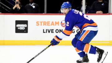 NEW YORK, NY - NOVEMBER 3: Nick Leddy #2 of the New York Islanders skates with the puck during the game against New Jersey Devils at Barclays Center on November 3, 2018 in the Brooklyn borough of New York City. (Photo by Sarah Stier/Getty Images)