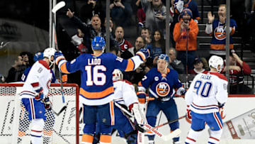 NEW YORK, NY - NOVEMBER 05: Andrew Ladd #16 of the New York Islanders reacts after the Islanders scored a second goal in the first period against Montreal Canadiens at Barclays Center on November 5, 2018 in the Brooklyn borough of New York City. (Photo by Sarah Stier/Getty Images)