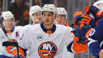 TORONTO, ON - DECEMBER 29: Mathew Barzal #13 of the New York Islanders celebrates his 3rd goal of the game against the Toronto Maple Leafs during an NHL game at Scotiabank Arena on December 29, 2018 in Toronto, Ontario, Canada. (Photo by Claus Andersen/Getty Images)