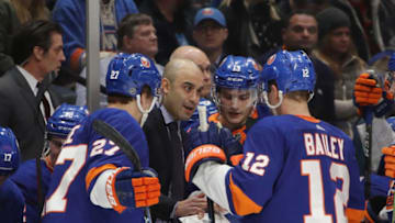 UNIONDALE, NEW YORK - DECEMBER 10: Assistant coach Scott Gomez of the New York Islanders works the bench during the game against the Pittsburgh Penguins at NYCB Live at the Nassau Coliseum on December 10, 2018 in Uniondale, New York. The Penguins defeated the Islanders 2-1 in the shootout. (Photo by Bruce Bennett/Getty Images)